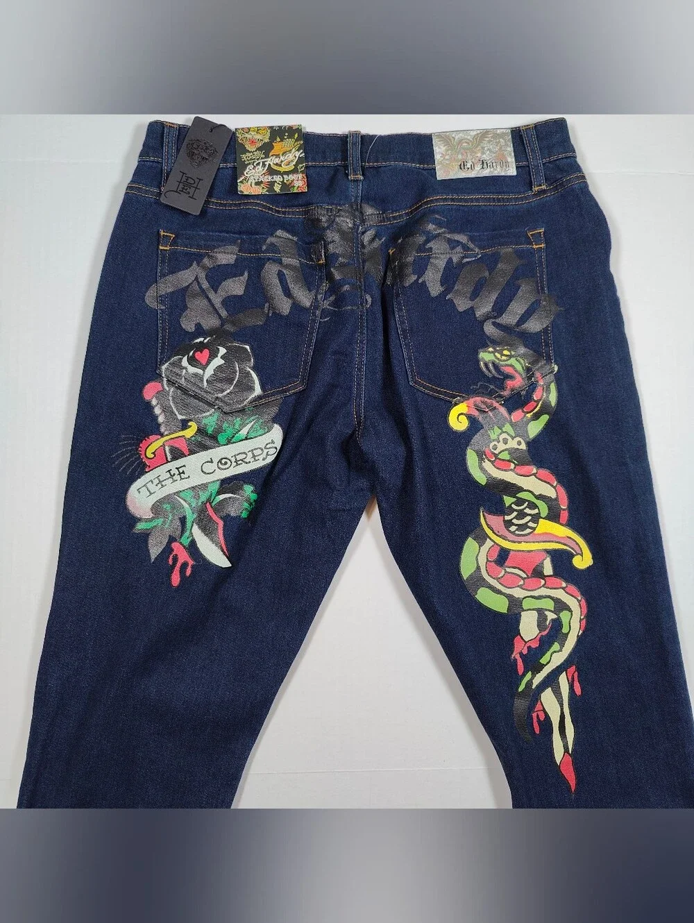NWT Ed Hardy Stacked Boot Raw Hem The Corps Snake Dark Wash Jeans Size 32x36